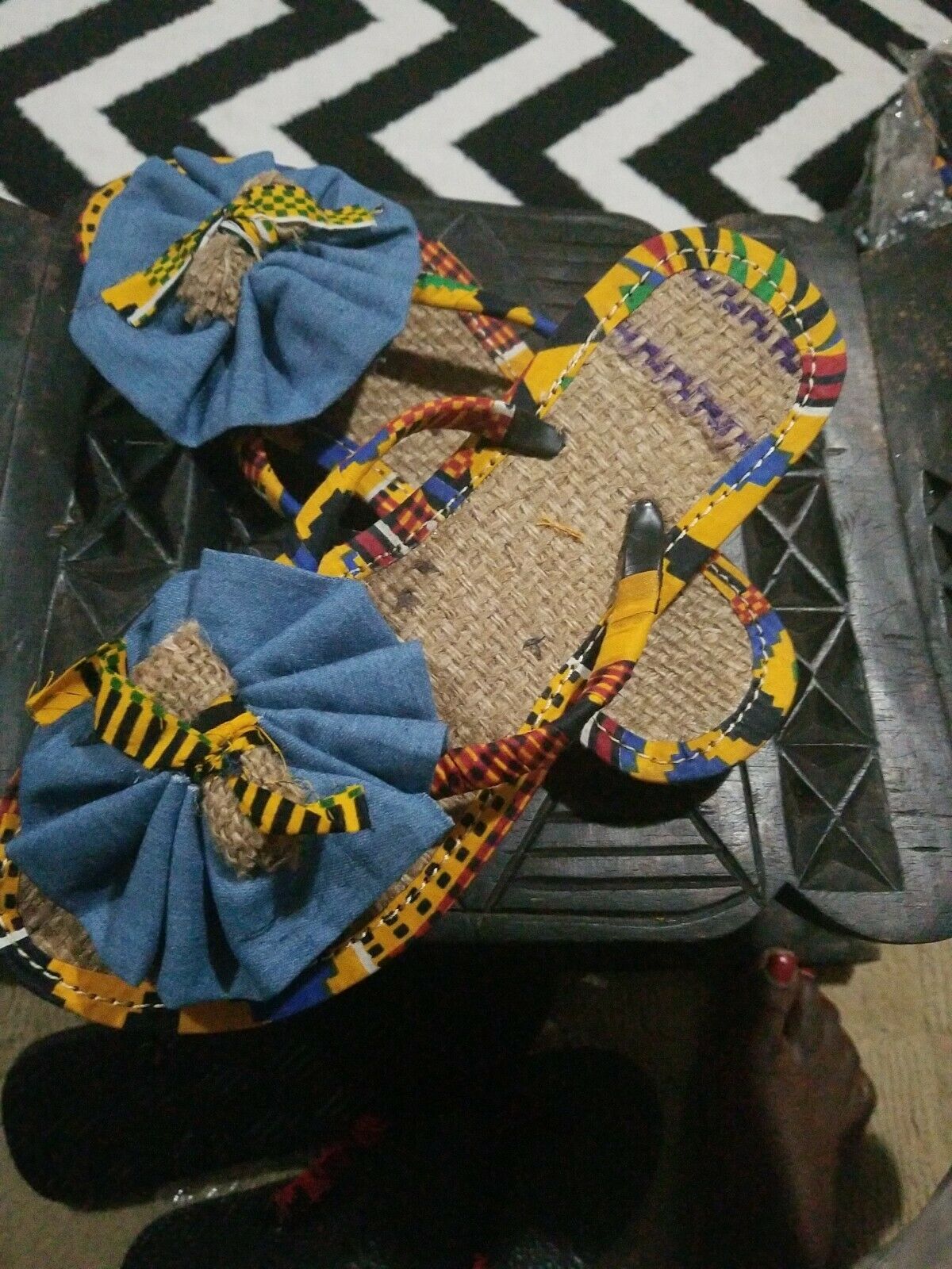 Handmade Kente Slippers with Denim Accents~Size 11M(fits US Size10M.- 9.5M)~$25