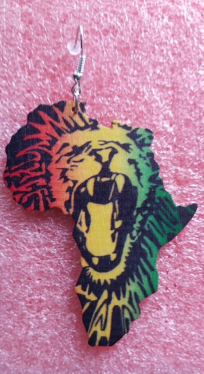 Lion of Juda Rasta Red Yellow Green Wood Fashion Drop Round Dangle Earrings~$7