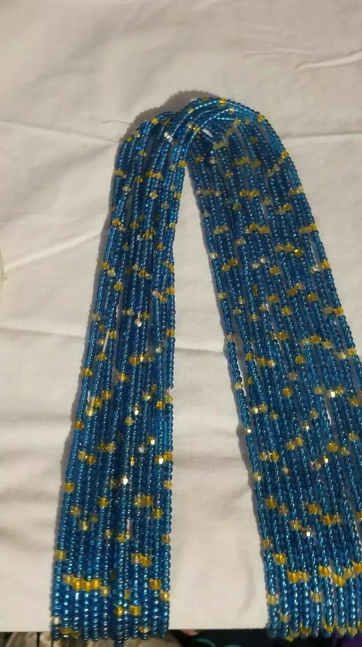 African waist beads Blue & Gold Accent Dazzling ~ very Long 45-54inches