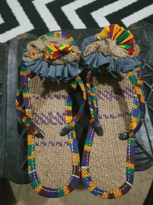 Handmade Kente Slippers with Denim Accents~Size 10.5M(Fits US9-9.5)~$25ea