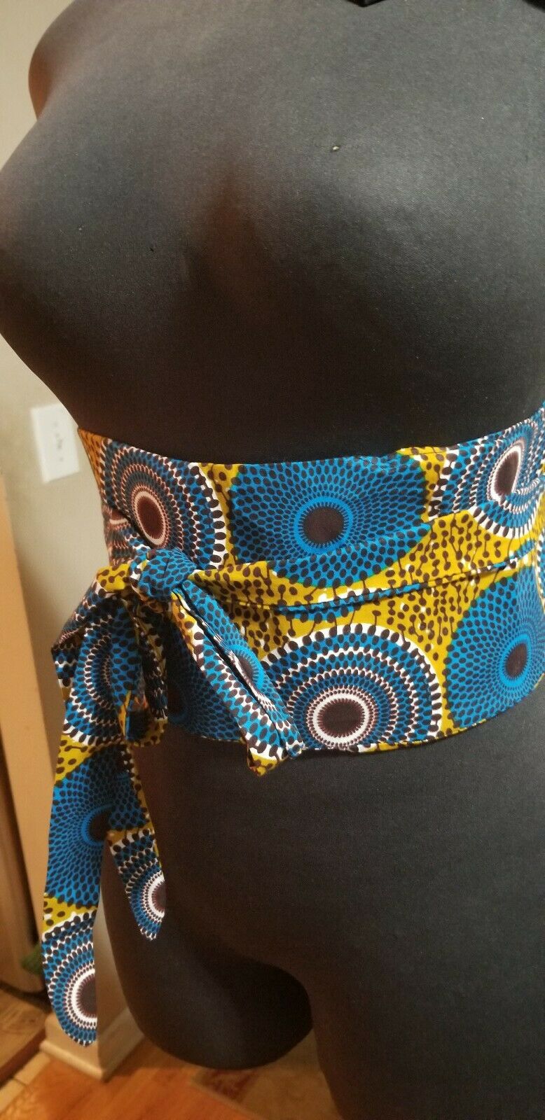 African PRINT WIDE BELT wrap&Tie brwn and blue(water well Design)