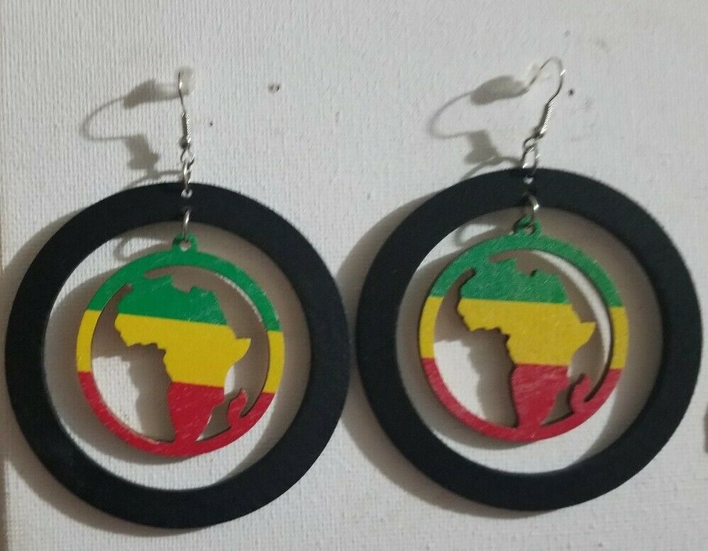 African Map Rasta Red Yellow Green Wood Fashion Drop Round Dangle Earrings $5