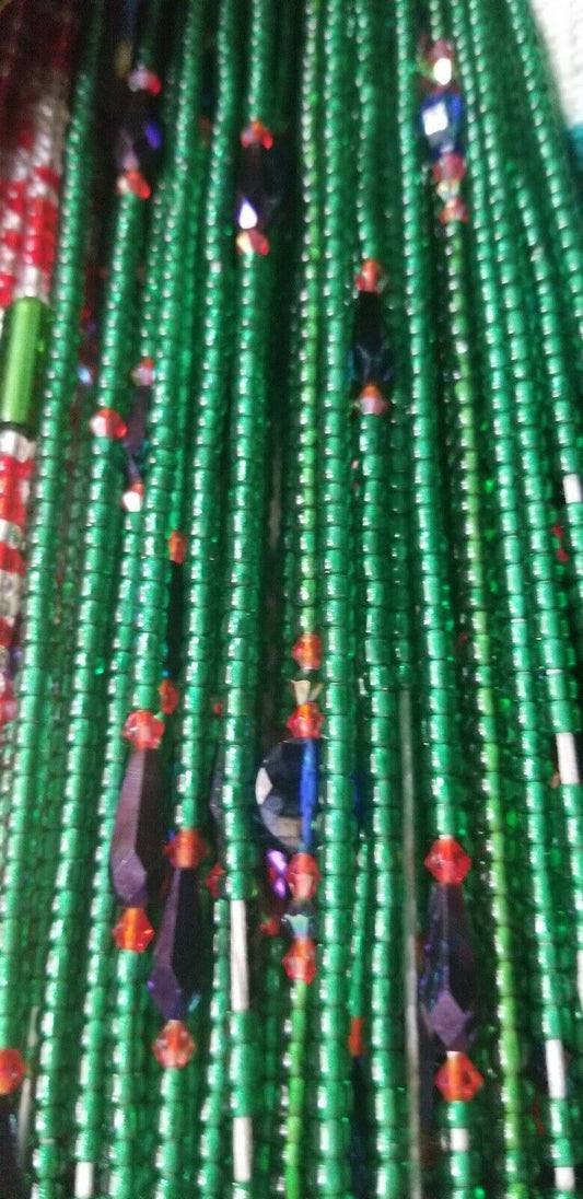 Ultra Vibrant Green African Waist Beads~ Long With Decorative Accents..46"-53"