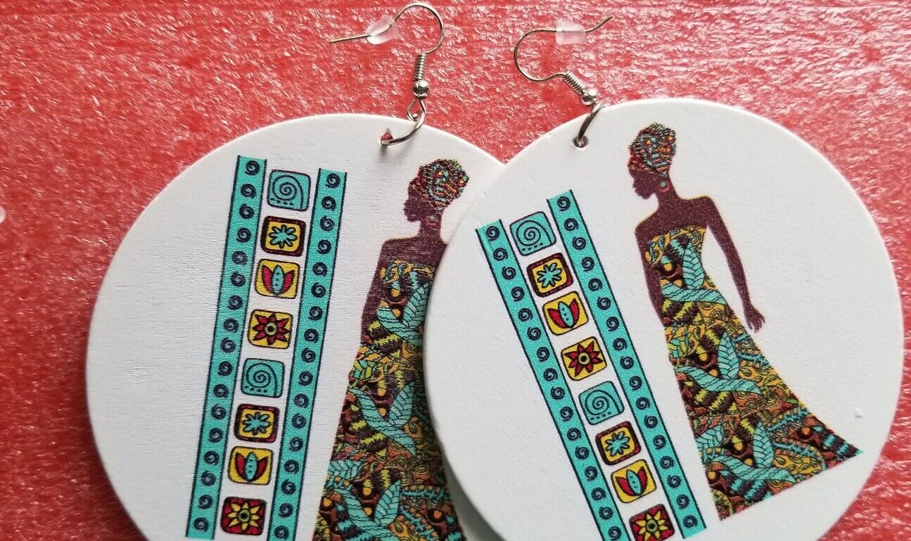 Painted lady wooden Drop Round Dangle Earrings#1 ~$6