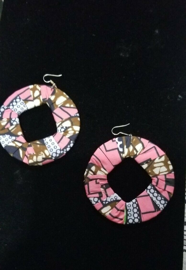 Pink Multi African Print Round Earrings $5