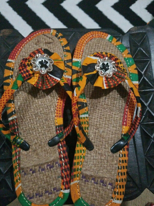 Handmade Kente Slippers with Denim Accents~Size 10M(fits US Size 9M)~$25