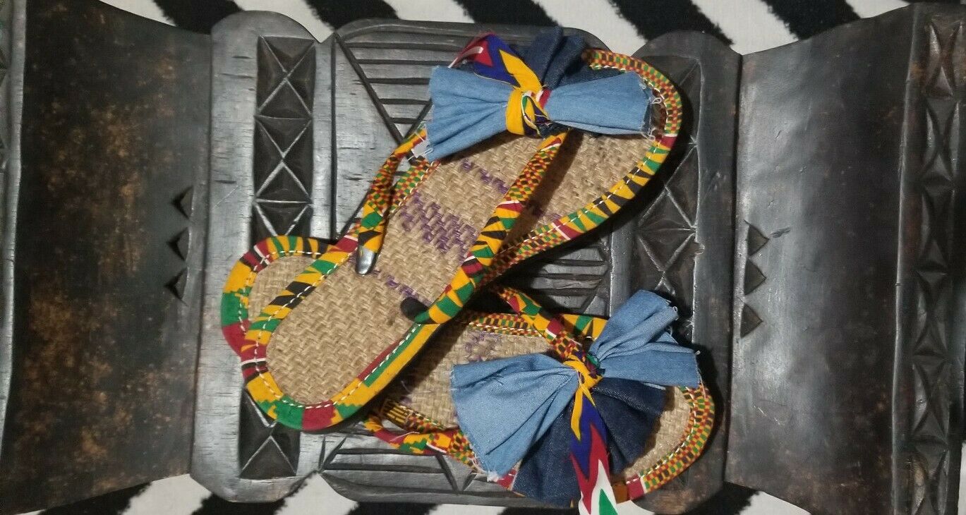 Handmade Kente Slippers with Denim Accents~Size 10.5(fits US Size 9-9.5~$25