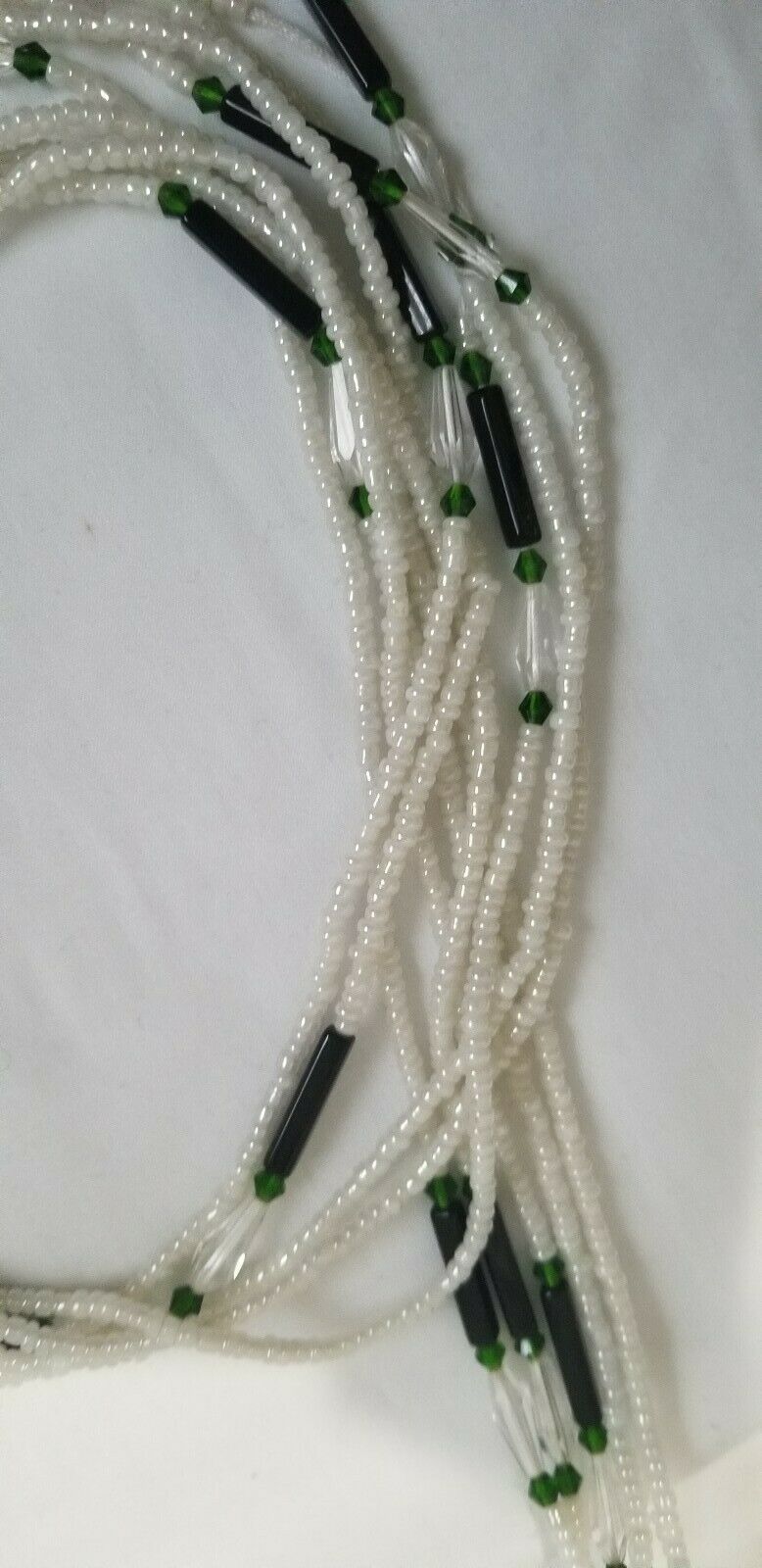 African Waist Beads(Green Crystal and Green accentBeads on White )(.46"-53")