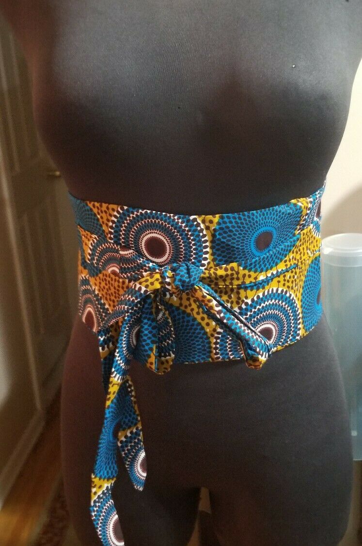 African PRINT WIDE BELT wrap&Tie brwn and blue(water well Design)