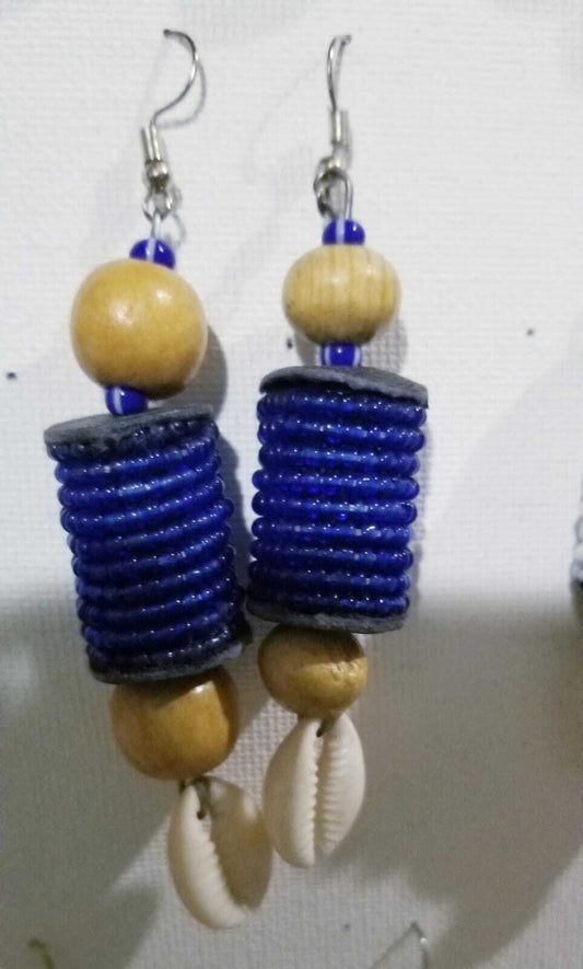 Handmade Cylindrical beaded and Cowrie earrings 2 pair Lot red and blue