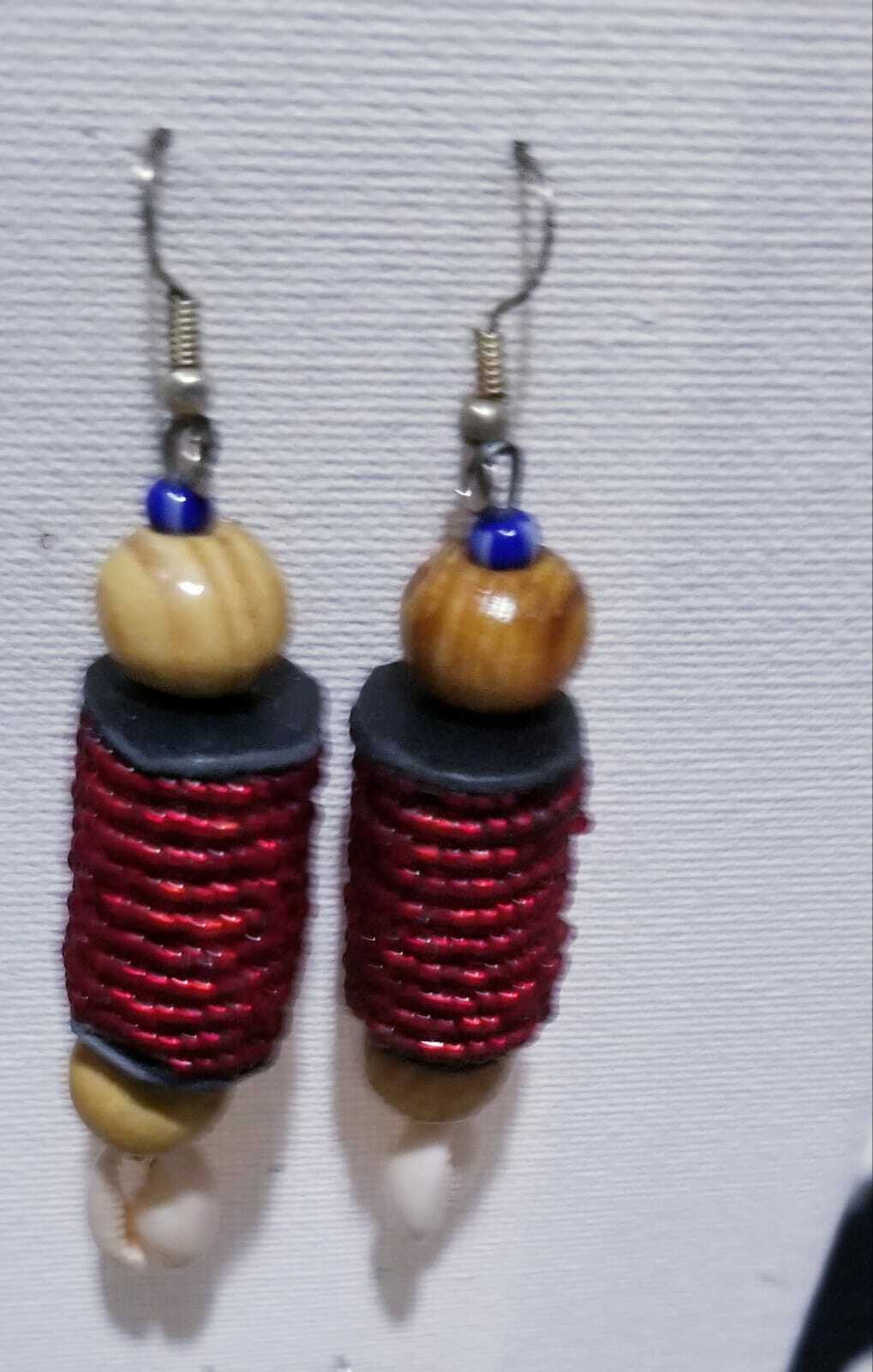 Handmade Cylindrical beaded and Cowrie earrings 2 pair Lot red and blue