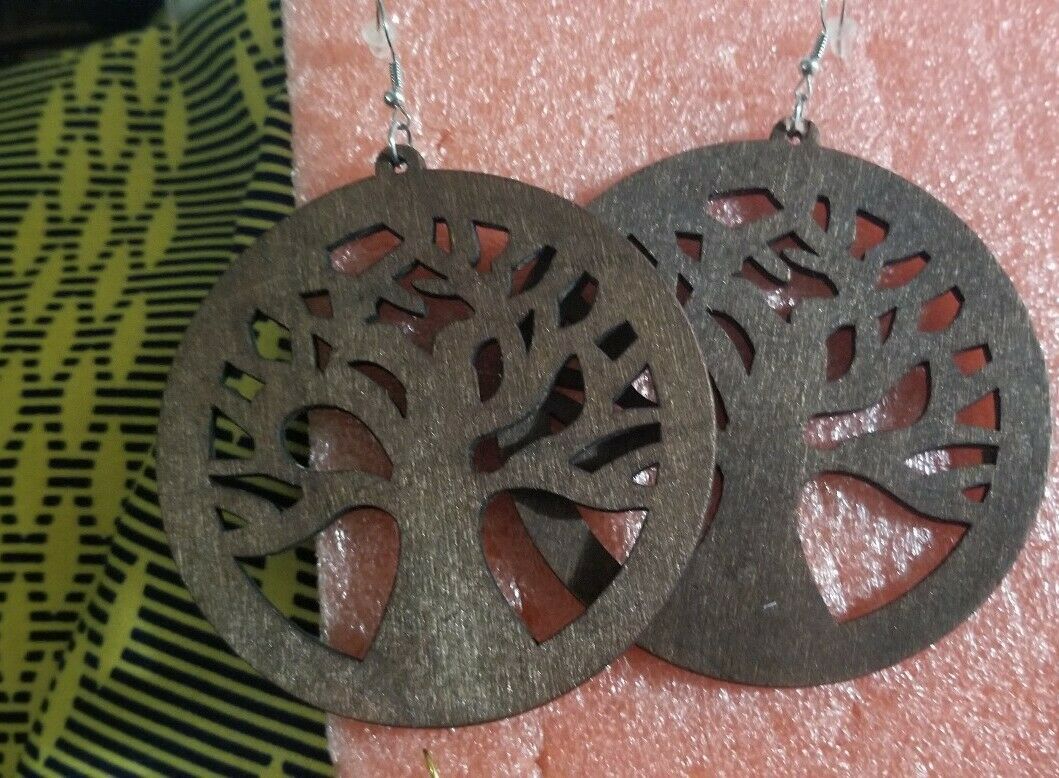 Wooden African Earrings(Tree of Life Design)print Earrings &Bracelet Lot