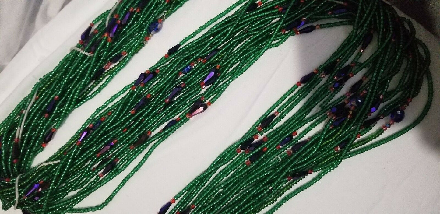 Ultra Vibrant Green African Waist Beads~ Long With Decorative Accents..46"-53"