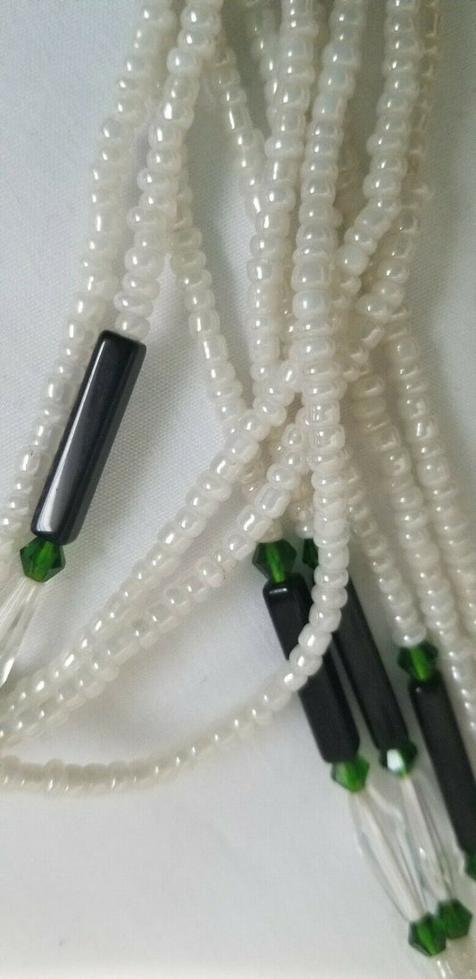 African Waist Beads(Green Crystal and Green accentBeads on White )(.46"-53")