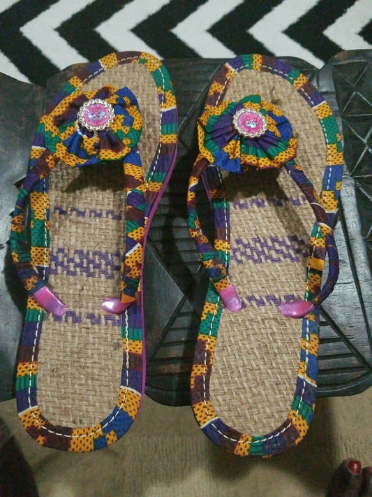 Handmade Kente Slippers with Denim Accents~Size 11M(fits US Size9.5- 10M)~$25ea