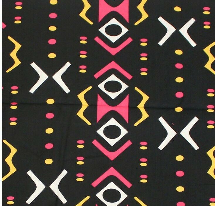 Black & PINK mudcloth Geo Design Print Fabric with yellow accent colors by  yard