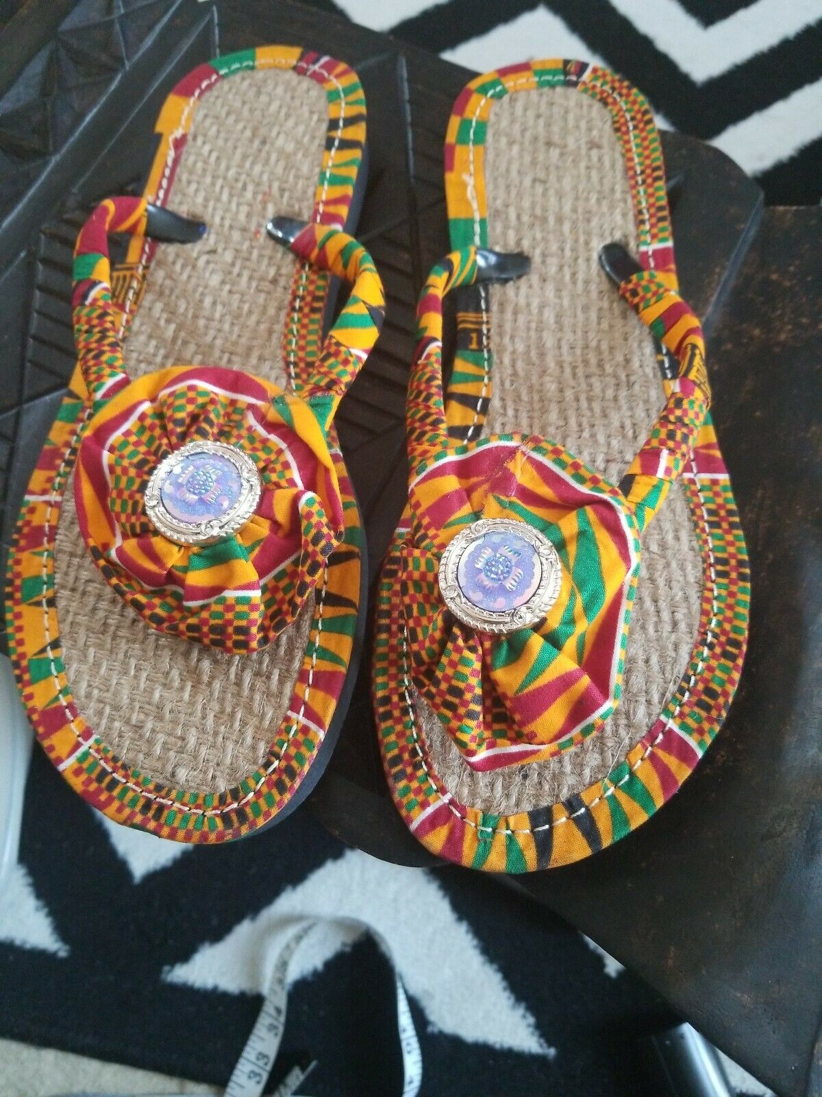 Handmade Kente Slippers with Denim Accents~Size 10.5M(fits US Size 9M-9.5M~$25