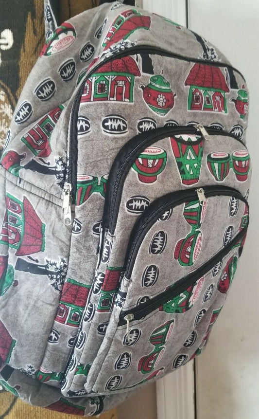 African Print Back Pack~ Huts ,drums housewares motifs