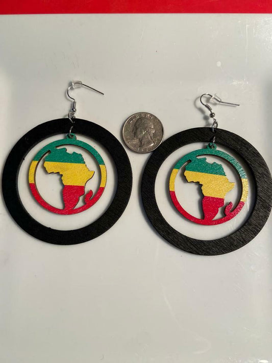 Painted African Map Wooden Earrings