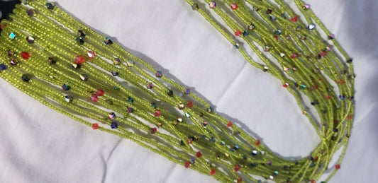 Tiny Lime Green Multi African waist Beads Long With Decorative Accents..46"-53"