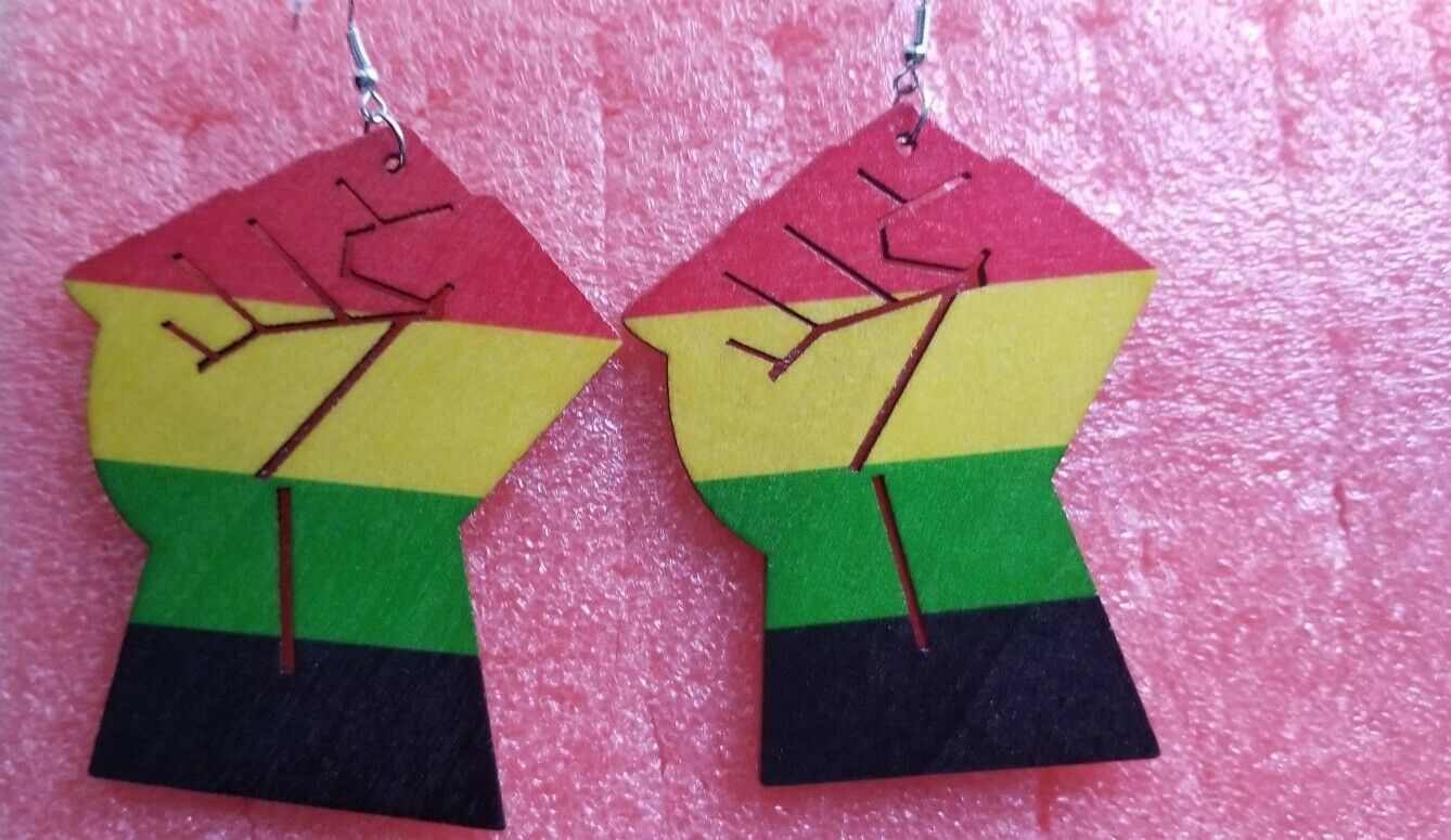 Africa Rasta Jamaican Reggae Hand Fist Wood Women Fashion Dangle Earrings
