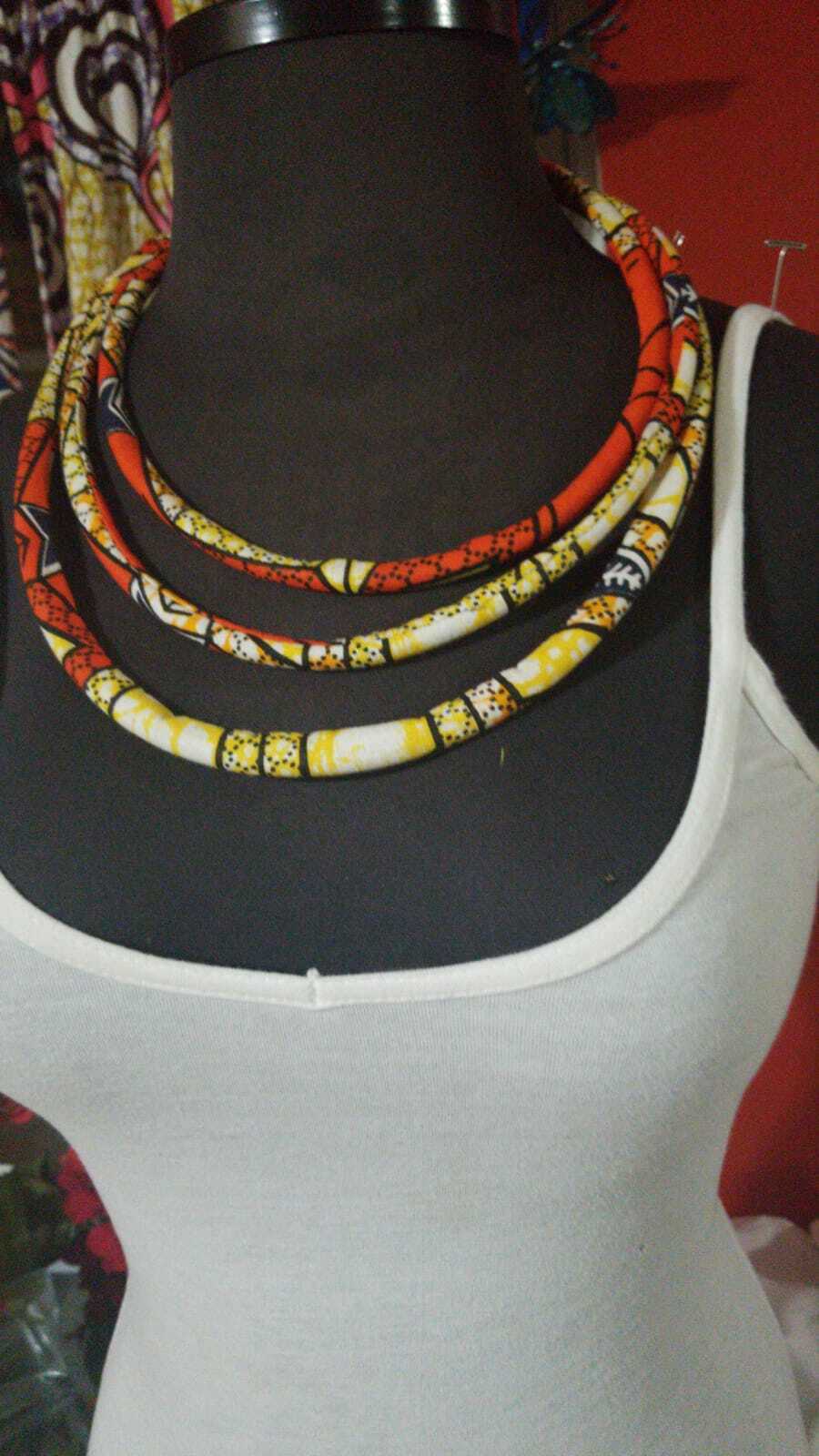 3 strand Orange Multi African Print rope Necklace $15