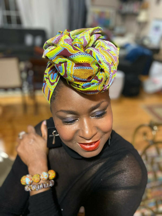 High fashion MULTICOLOR African Wax Print limeGreen100% Cotton Fabric ~71"×23"