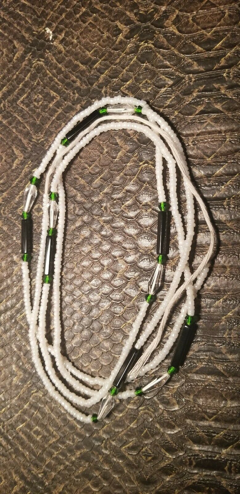 African Waist Beads(Green Crystal and Green accentBeads on White )(.46"-53")