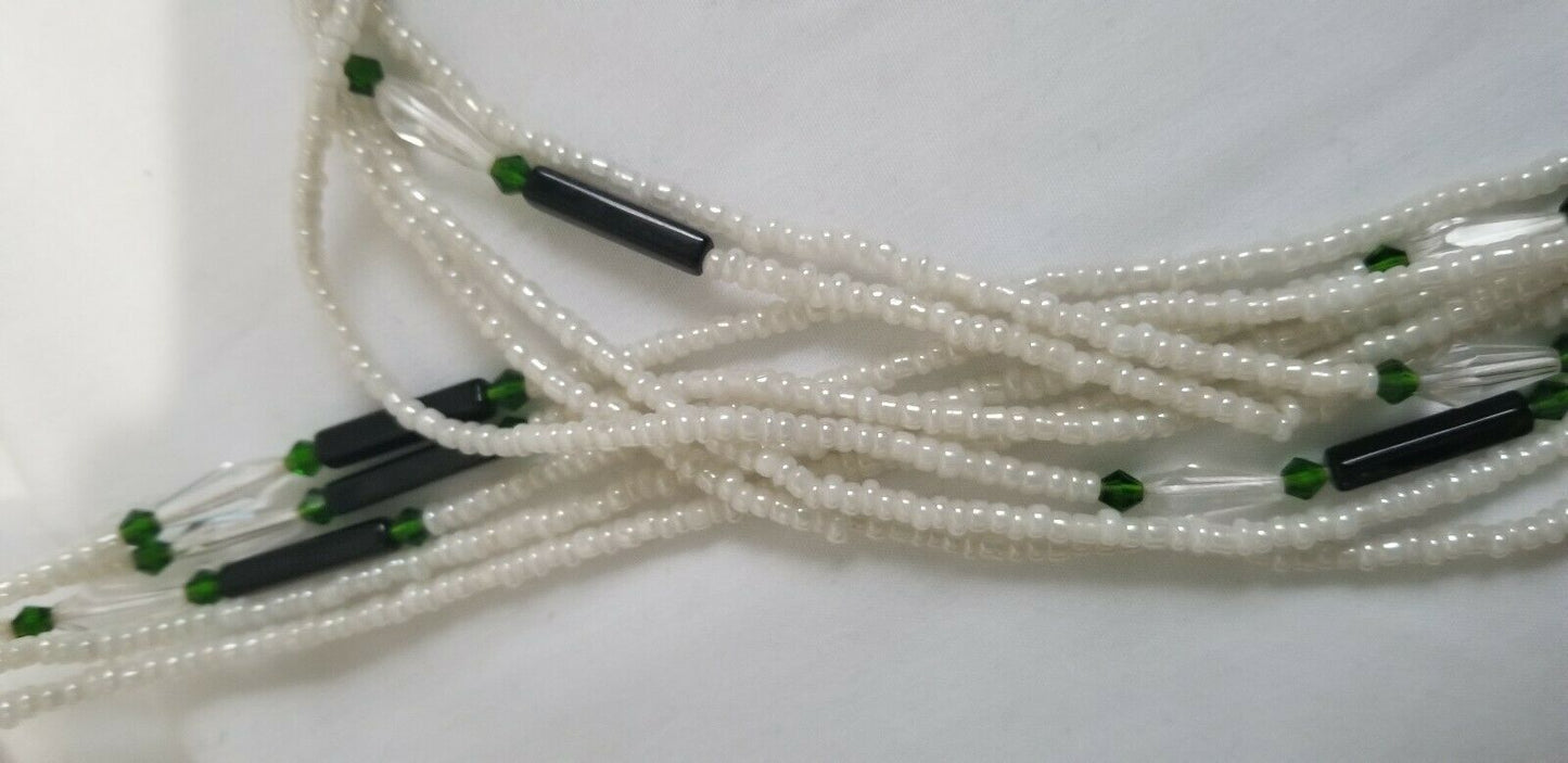 African Waist Beads(Green Crystal and Green accentBeads on White )(.46"-53")