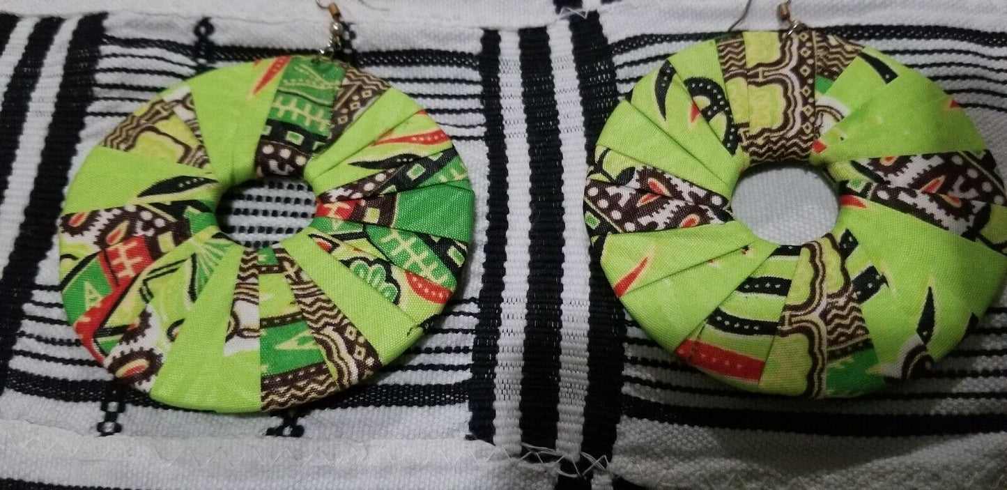 Lime Green MultiAfrican Print  Round Earrings $5