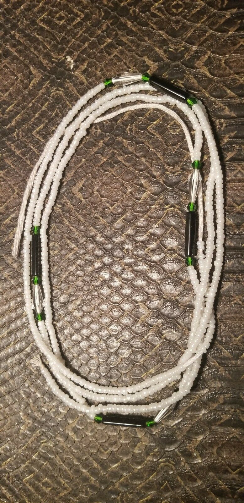 African Waist Beads(Green Crystal and Green accentBeads on White )(.46"-53")