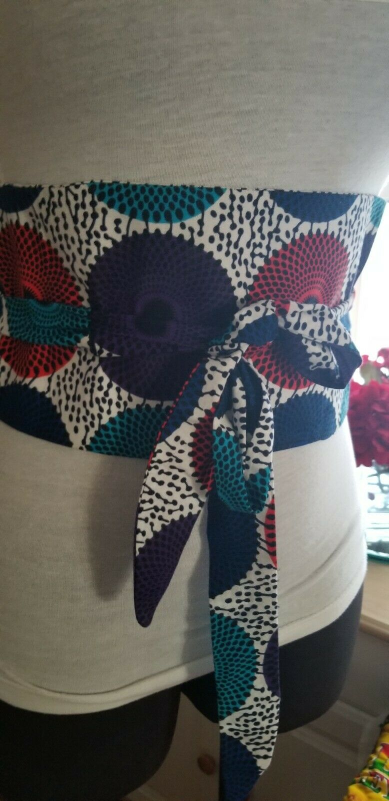 African PRINT WIDE BELT wrap&Tie ~blue and White Multi