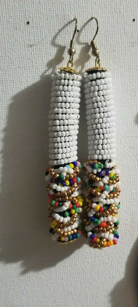 White Multi Beaded Dangling Earrings $7