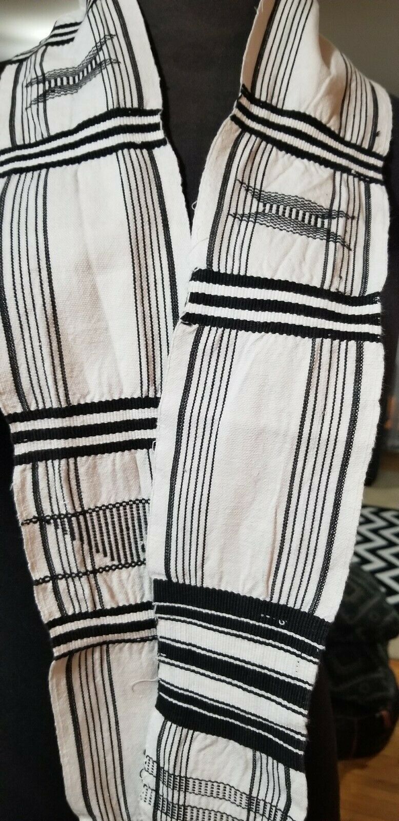 Handmade black and white woven Ewe Kente Sash