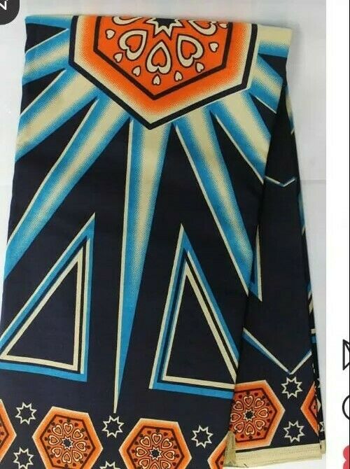 Navy Orange multi African Print Fabric   .by the yard~ 65." ×44"~$10