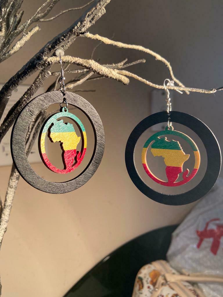 Painted African Map Wooden Earrings