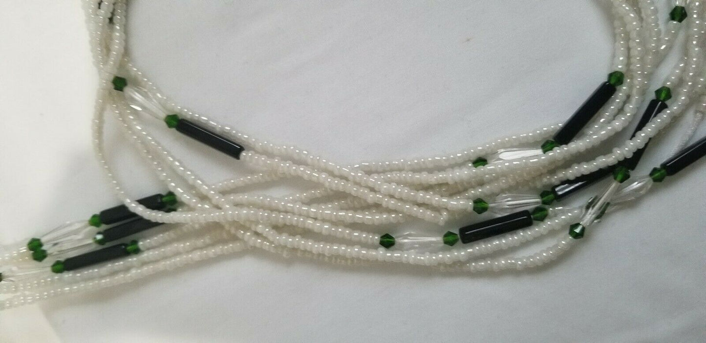 African Waist Beads(Green Crystal and Green accentBeads on White )(.46"-53")