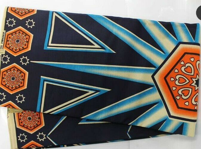 Navy Orange multi African Print Fabric   .by the yard~ 65." ×44"~$10