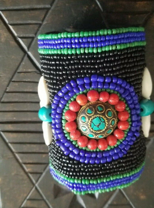 Wide Band Zulu beaded statement bracelet Cuff (black Turquoise)$18