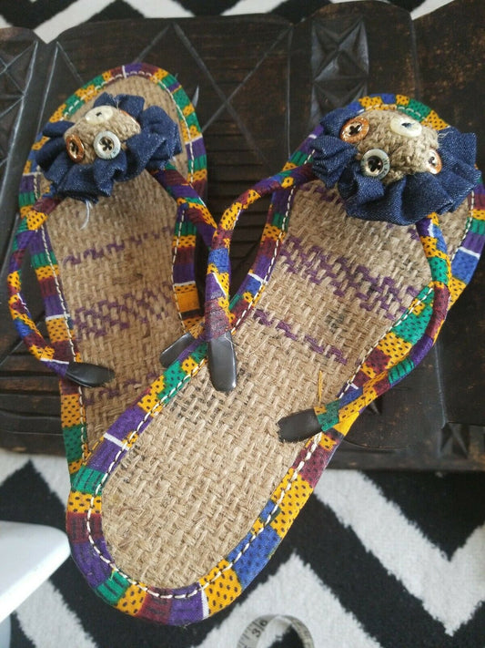 Handmade Kente Slippers with Denim Accents~Size 10.5M(fits US Size 9M-9.5M~$25