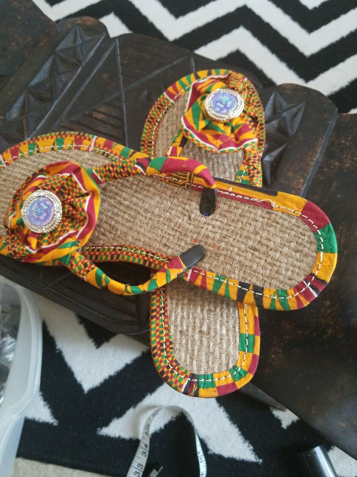 Handmade Kente Slippers with Denim Accents~Size 10.5M(fits US Size 9M-9.5M~$25