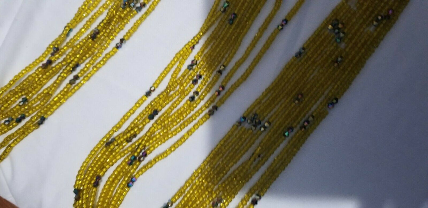 Dazzling Yellow African Waist Beads with tiny crystal Accents ~ very Long 45-53"