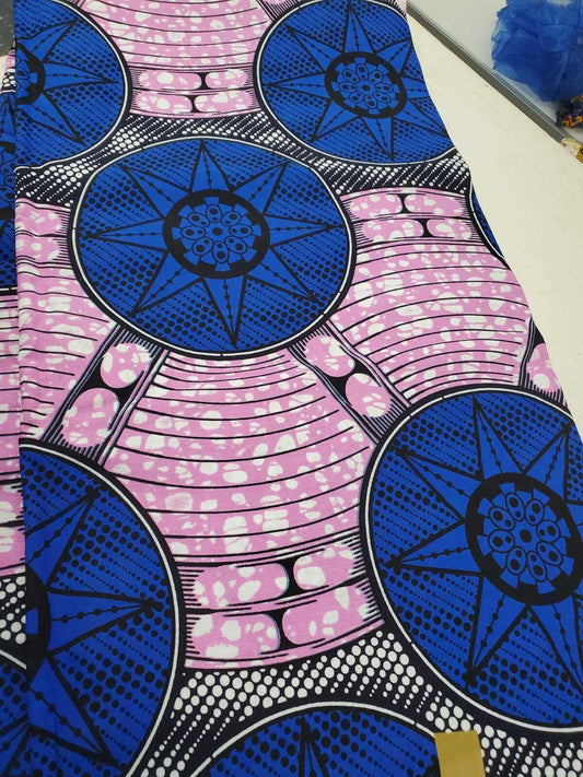 Blue and pale pink multi. 100% Cotton African Print $7