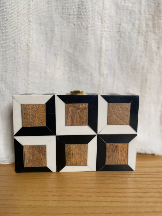 Wood and black and White Resin Box Clutch