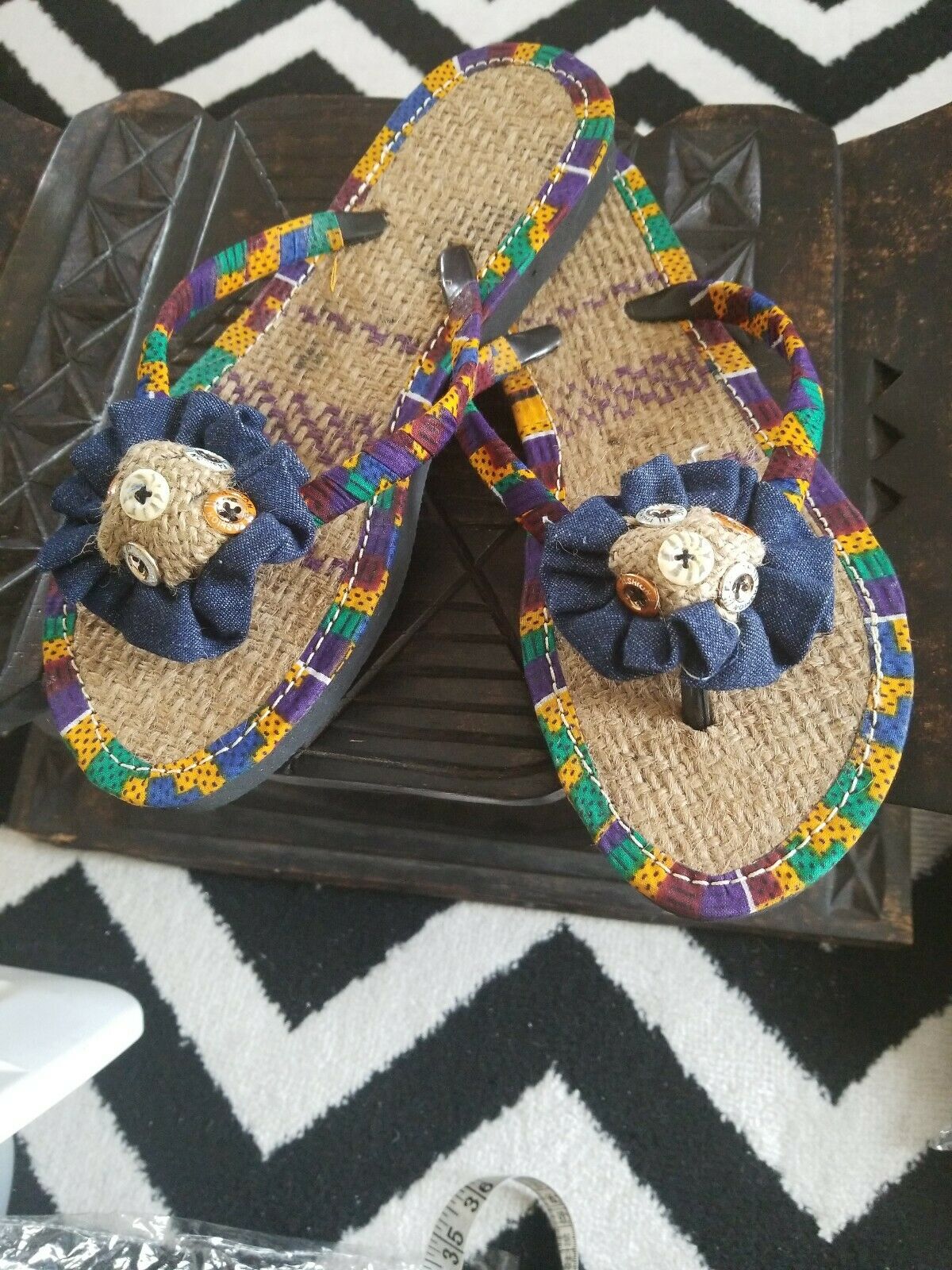 Handmade Kente Slippers with Denim Accents