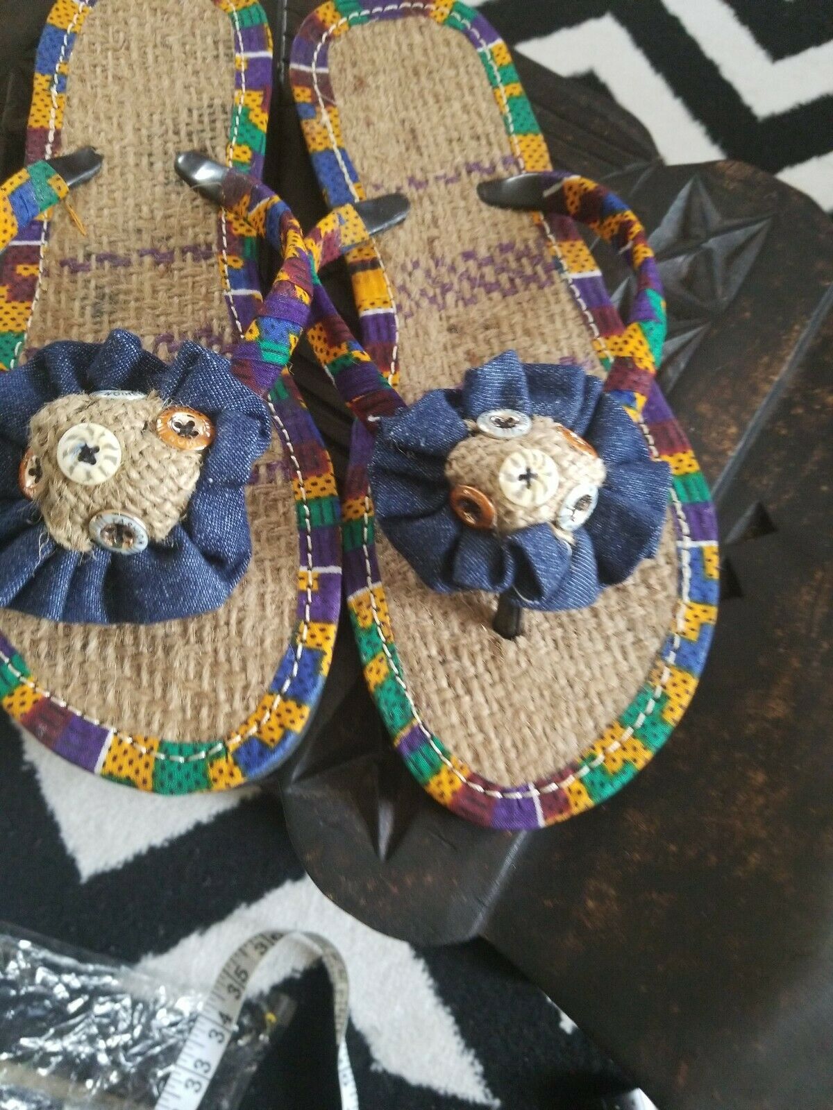 Handmade Kente Slippers with Denim Accents