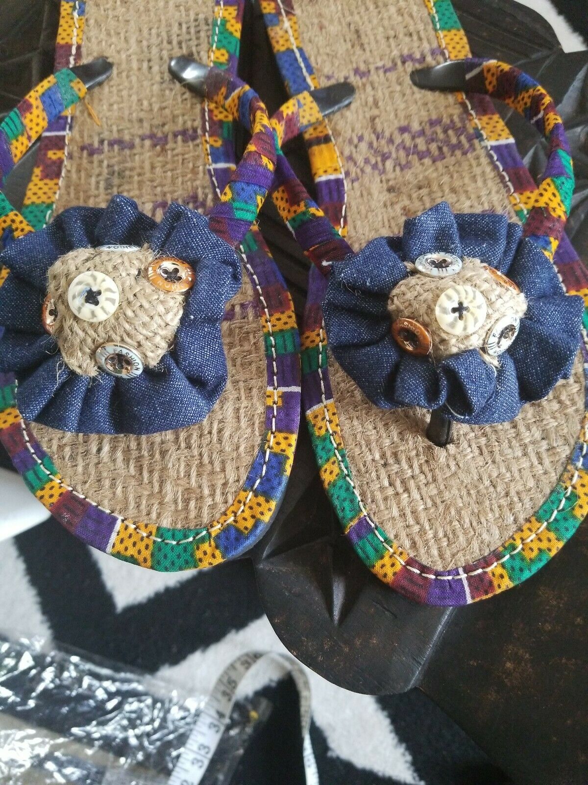 Handmade Kente Slippers with Denim Accents