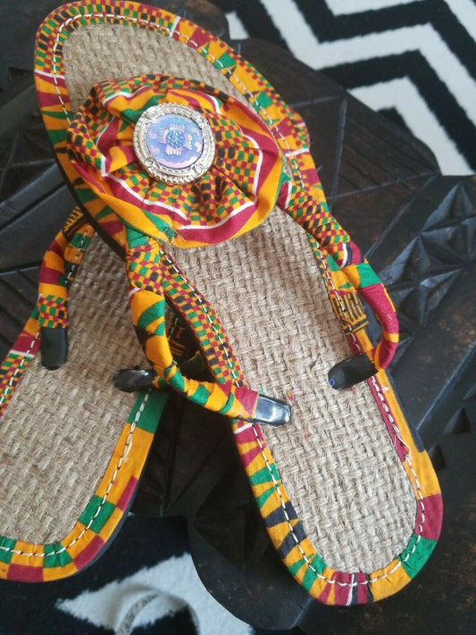 Handmade Kente Slippers with Silver n Blue button