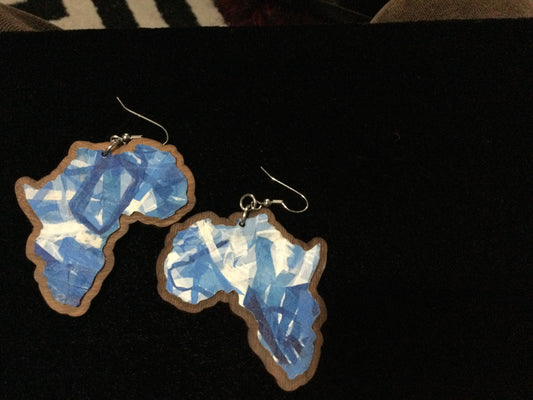 Handmade Blue-African Map Wood Earrings